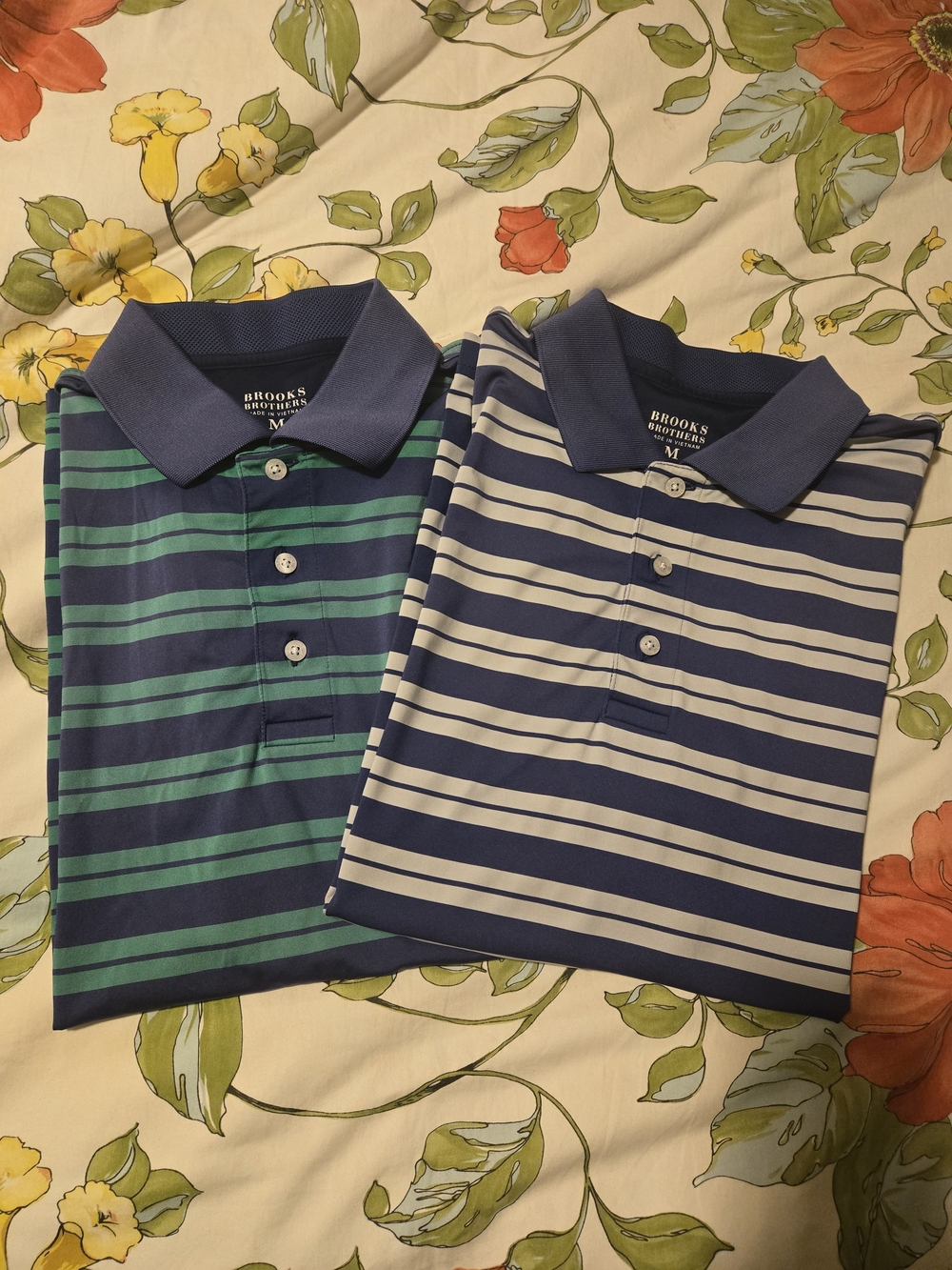 Brooks Brothers Mens Navy & Green Striped Polo Shirts - Medium